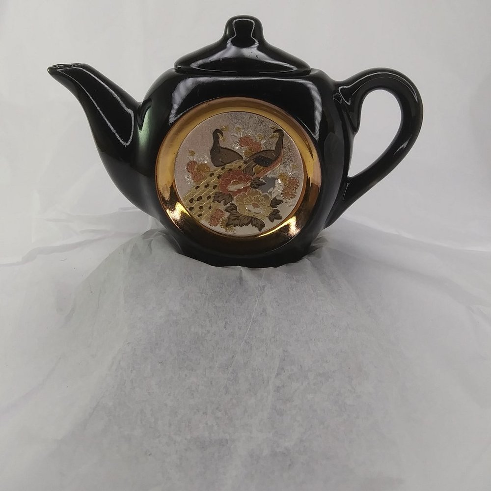 Chokin Art miniature teapot Made in Japan peacocks